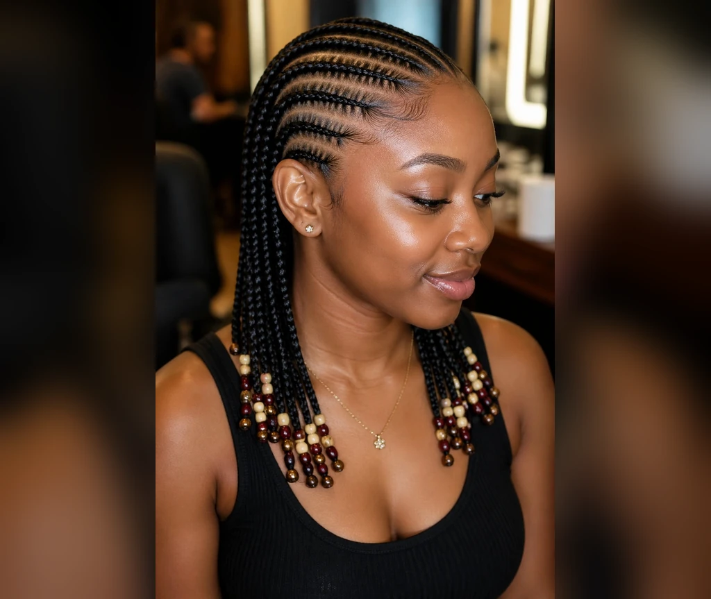 Cornrows with beads decorating the ends of the braids