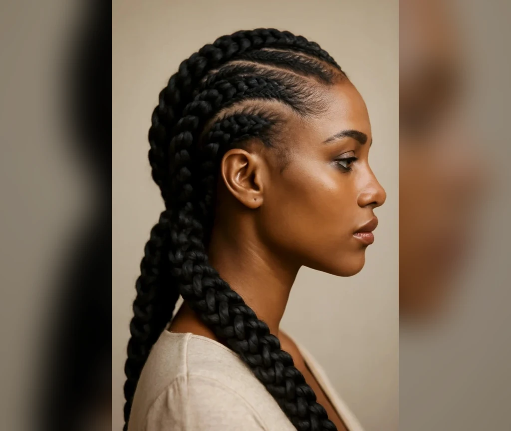 Four cornrow braids with thick rows falling to the back