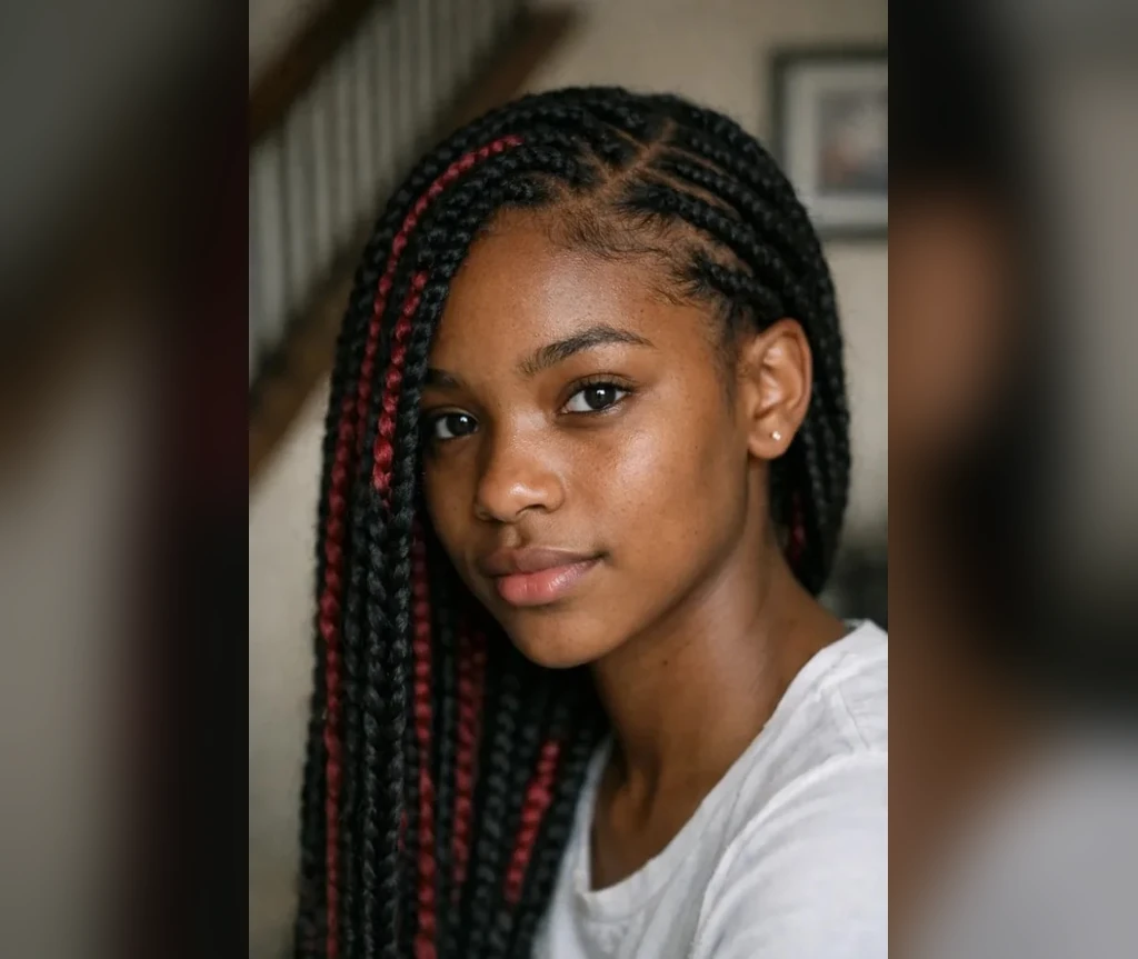 Cornrows with burgundy streaks woven through the braids