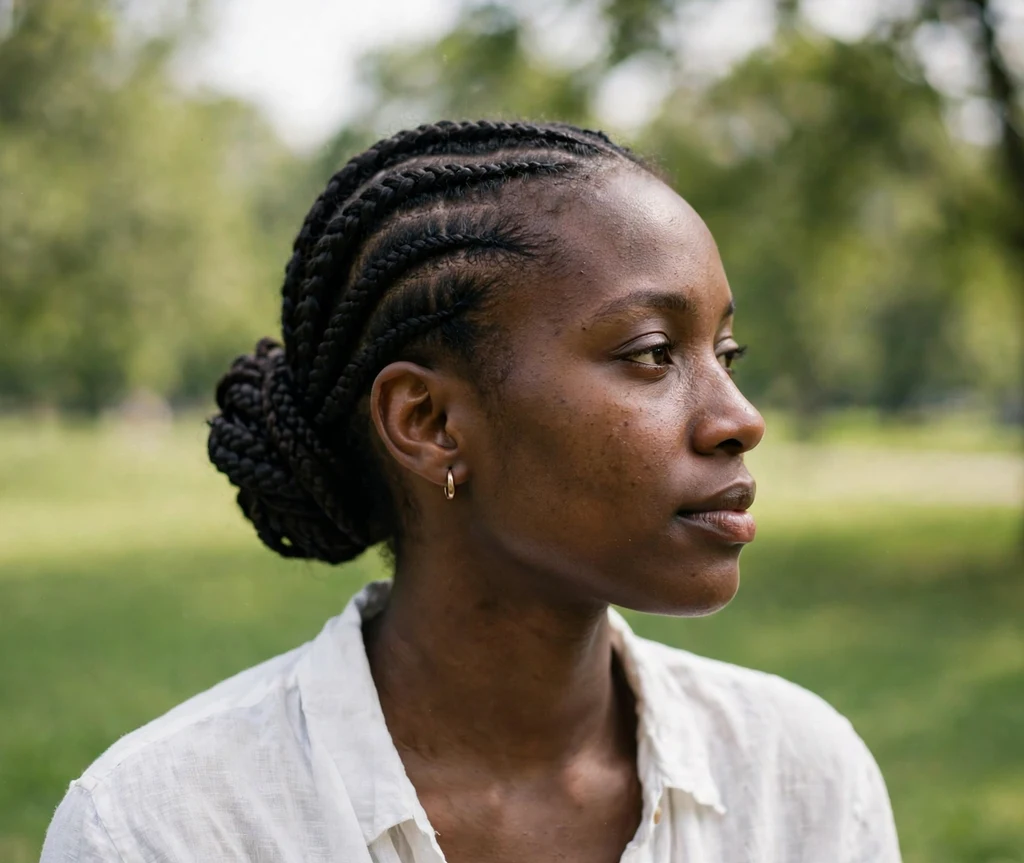 Black woman with cornrows styled into an elegant bun updo