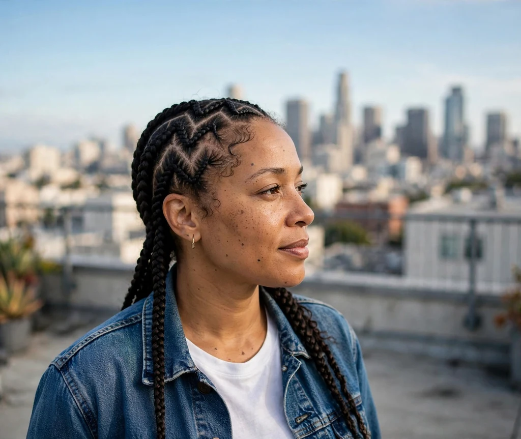 Black woman with zigzag part cornrow braids