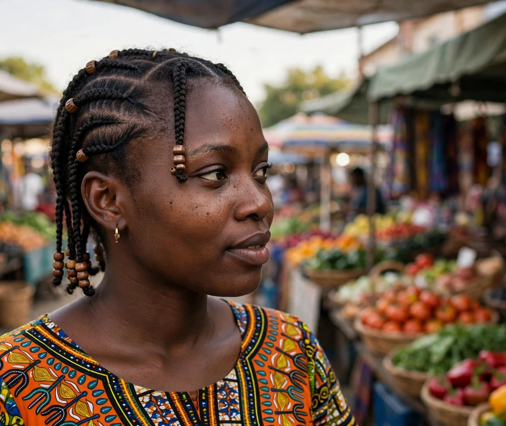 Black woman with Fulani-inspired cornrow braids and beads