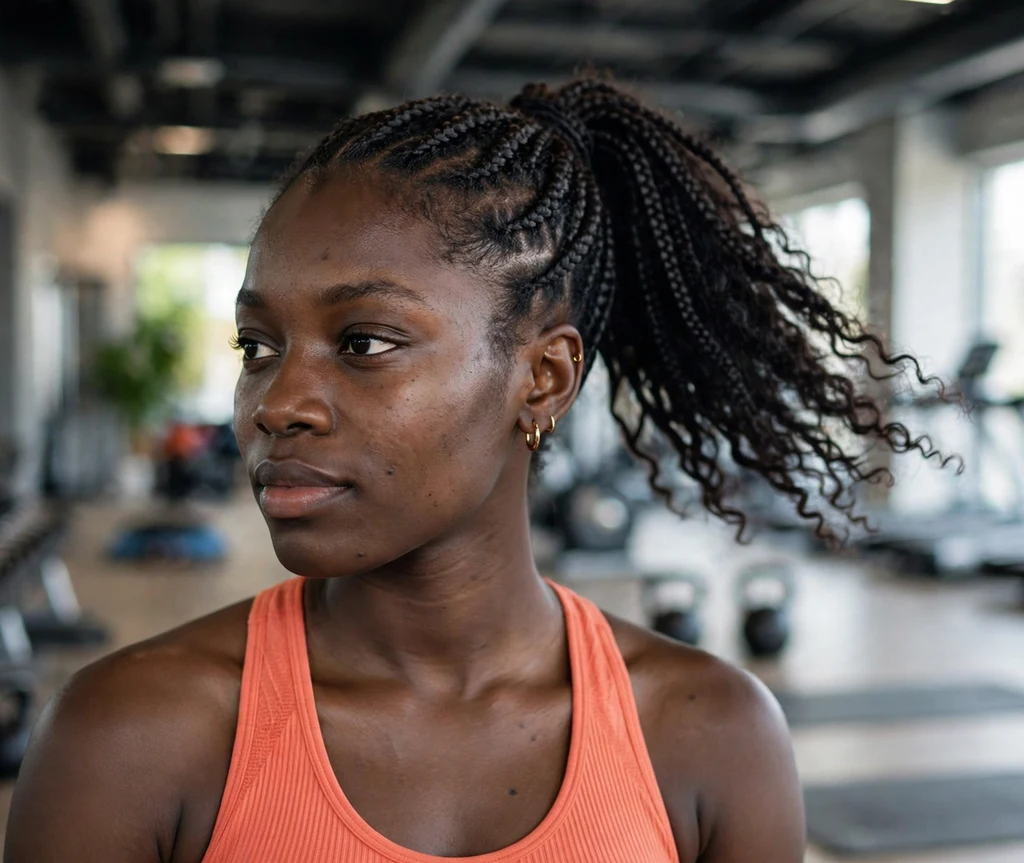 Black woman with cornrows pulled into a high ponytail