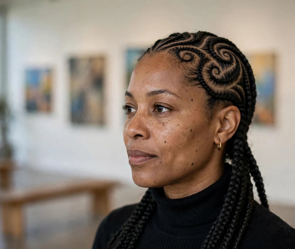 Black woman with intricate tribal pattern cornrow braids
