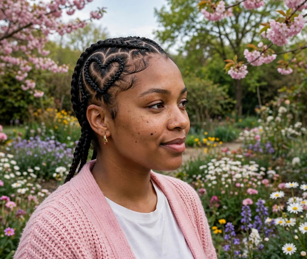 Black woman with heart-shaped part cornrow braids