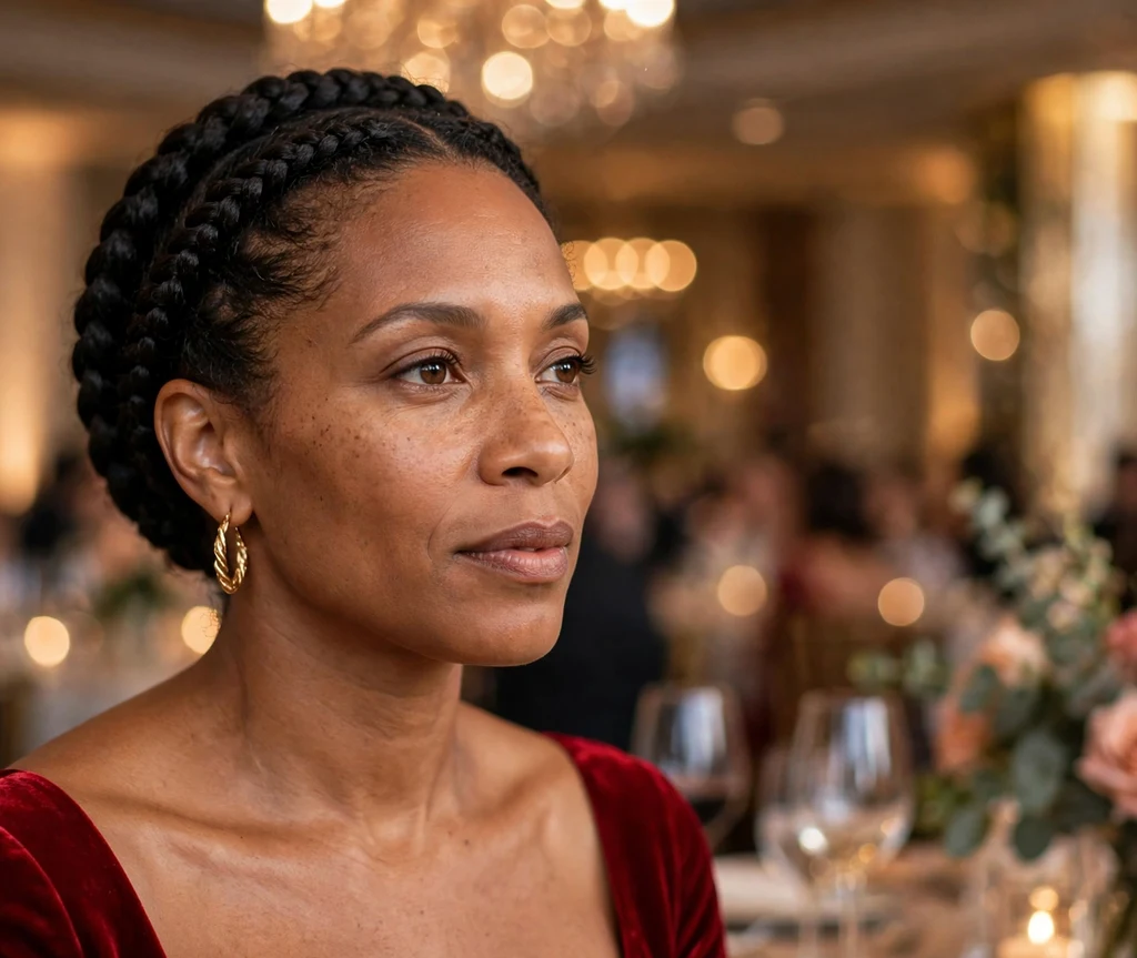 Black woman with a regal cornrow crown braid