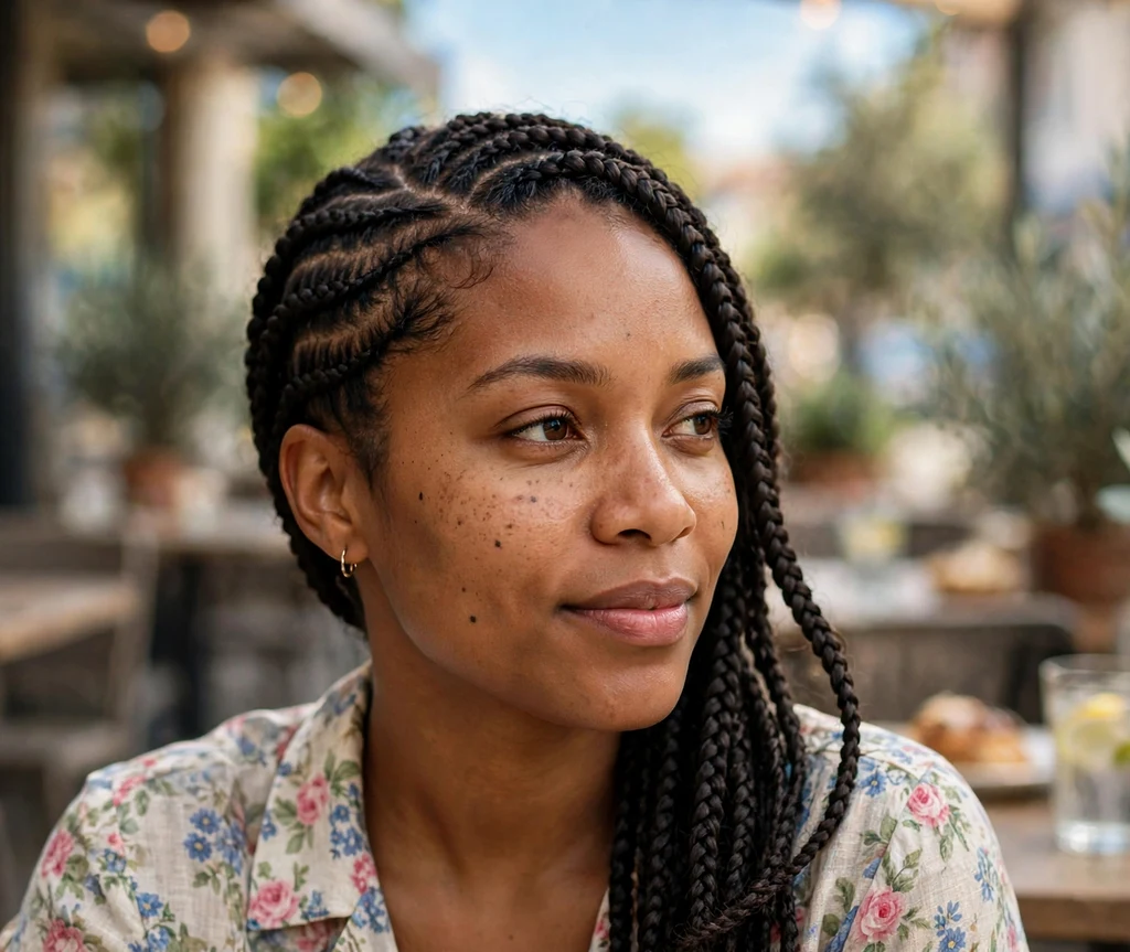 Black woman with side-swept cornrow braids
