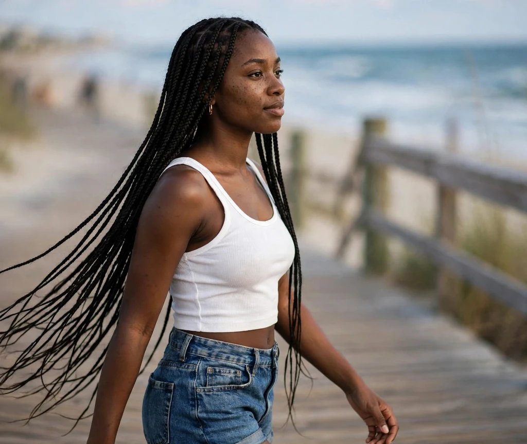 Black woman with long waist-length cornrow braids