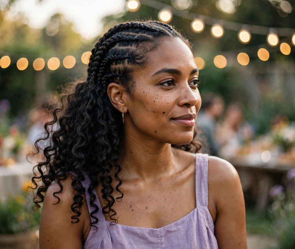 Black woman with stitch braids ending in bouncy curls