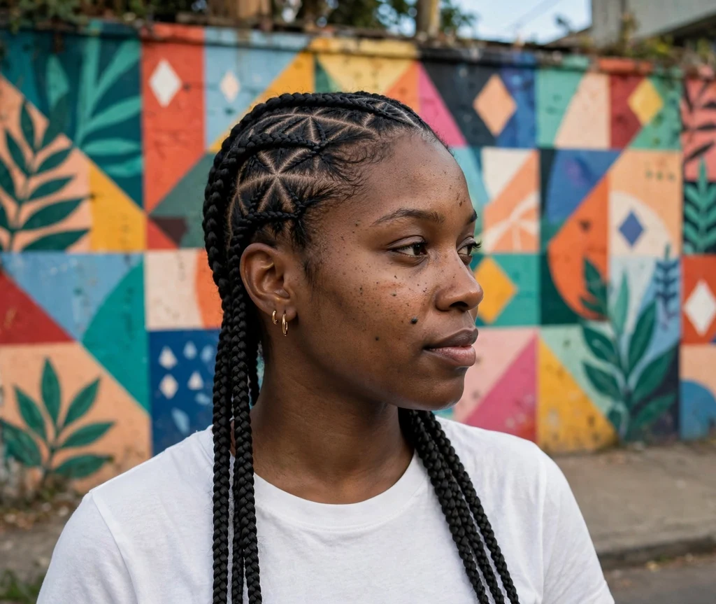 Black woman with geometric pattern cornrow designs