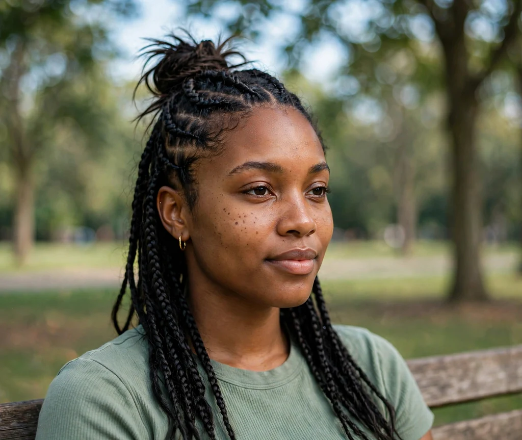 Black woman with cornrow half-up half-down hairstyle