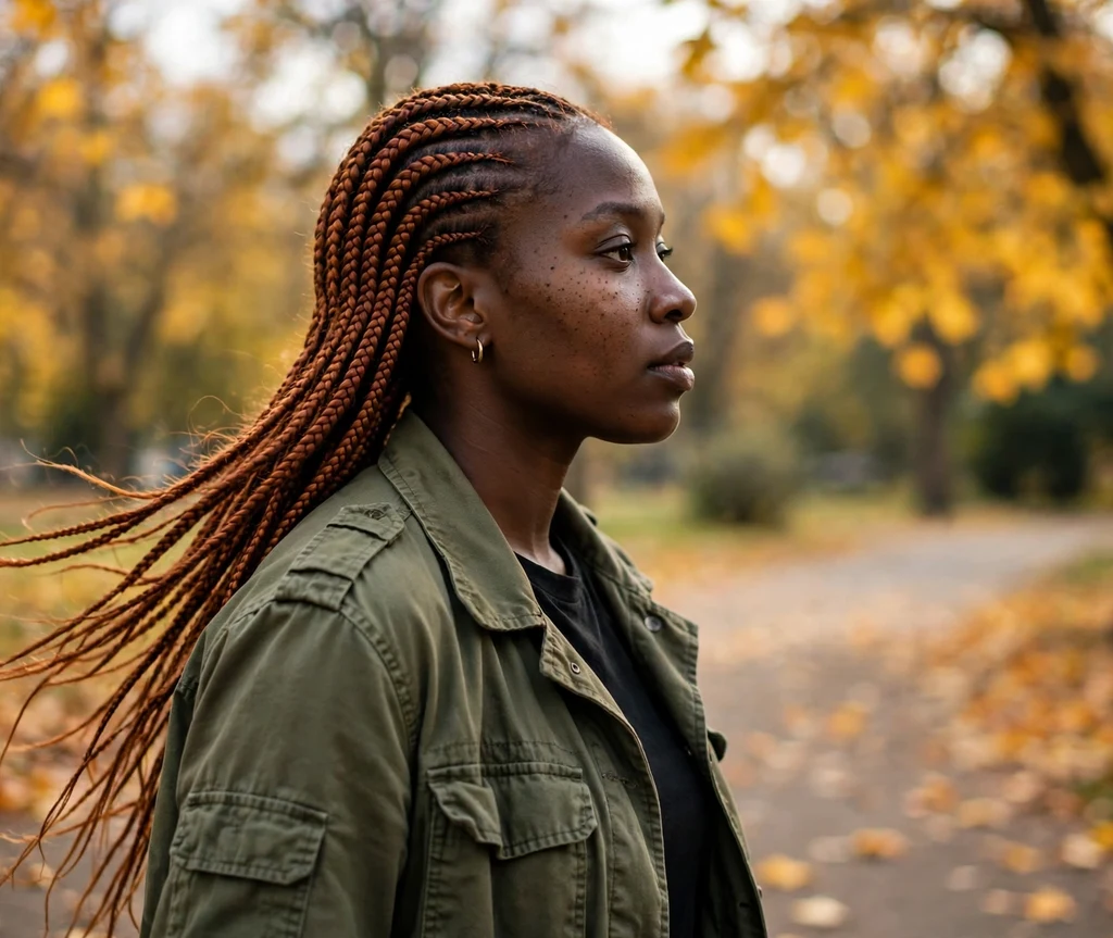 Black woman with copper-colored cornrow braids