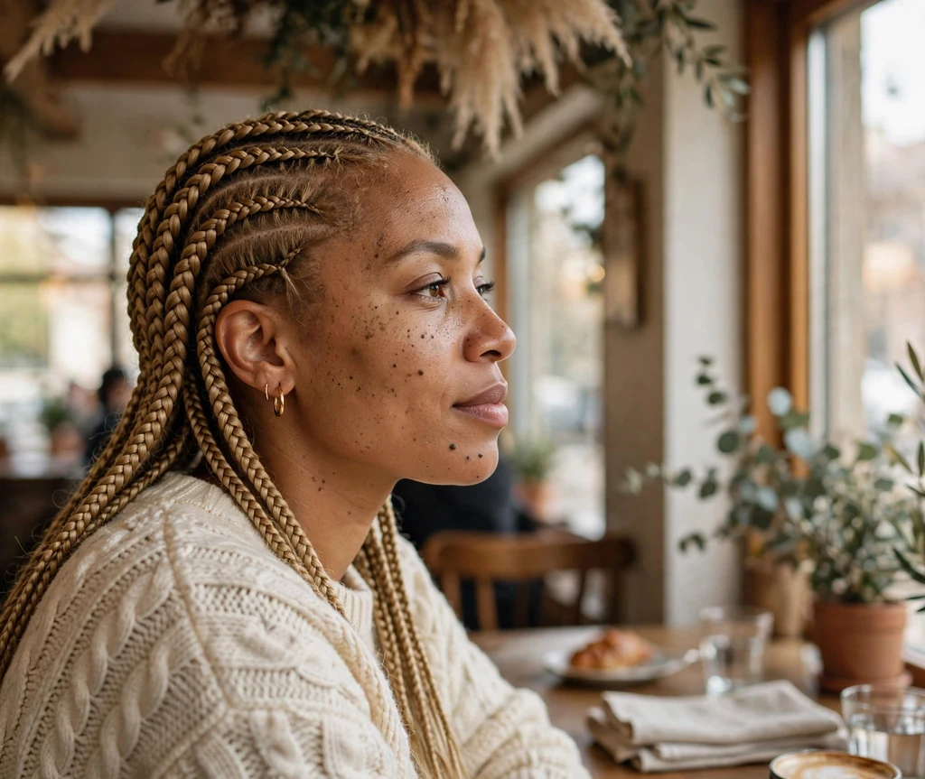 Black woman with blonde feed-in cornrow braids