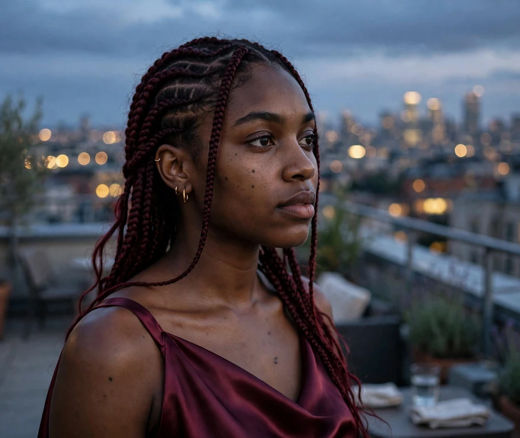 Black woman with burgundy stitch cornrow braids