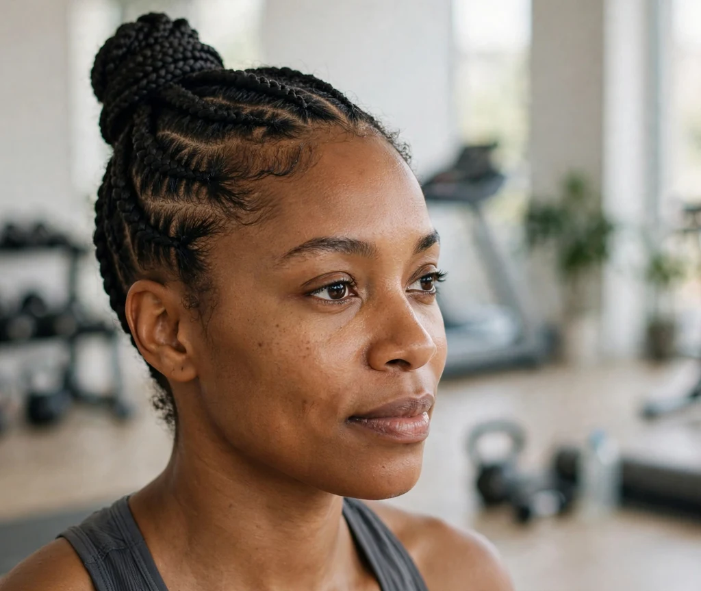 Black woman with cornrows styled into a top knot
