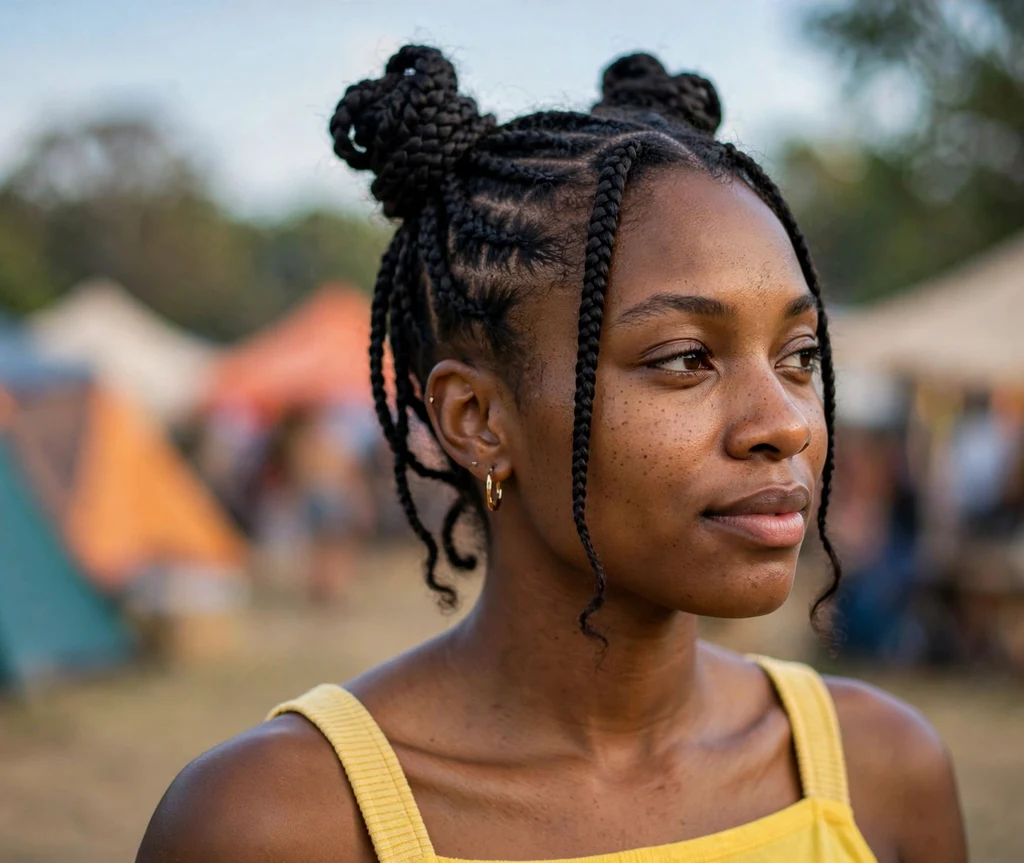 Black woman with double cornrow space buns