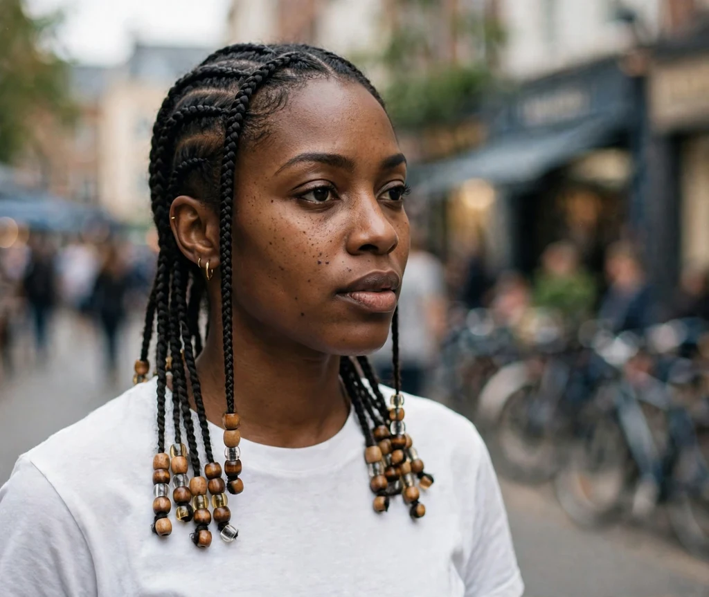Black woman with beaded cornrow braids
