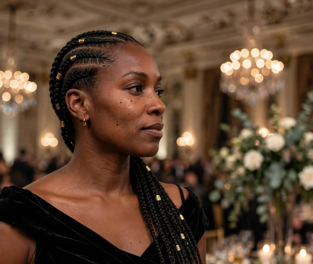 Black woman with gold cuffs on cornrow braids