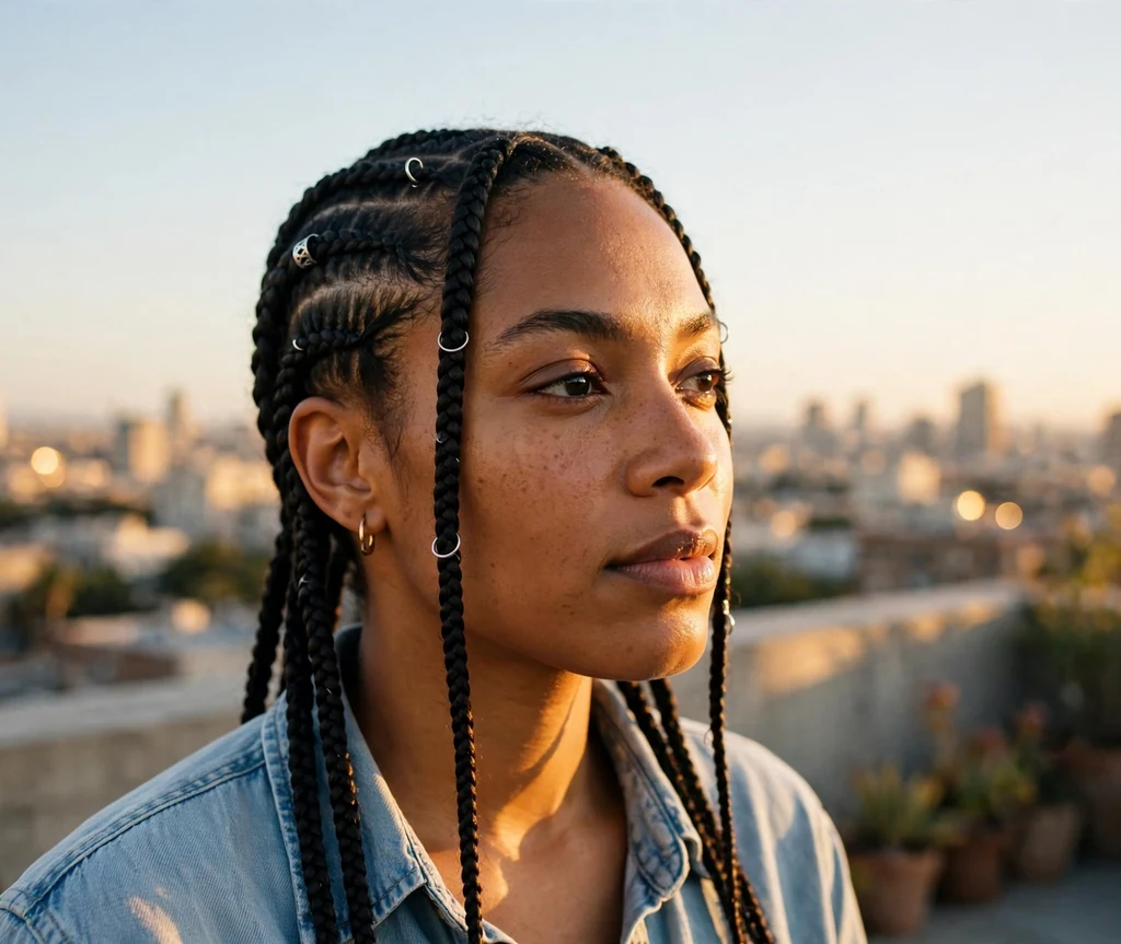 Black woman with decorative hair rings on cornrows