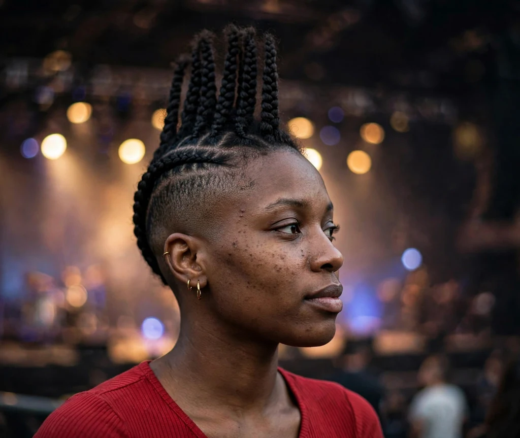 Black woman with a bold cornrow mohawk
