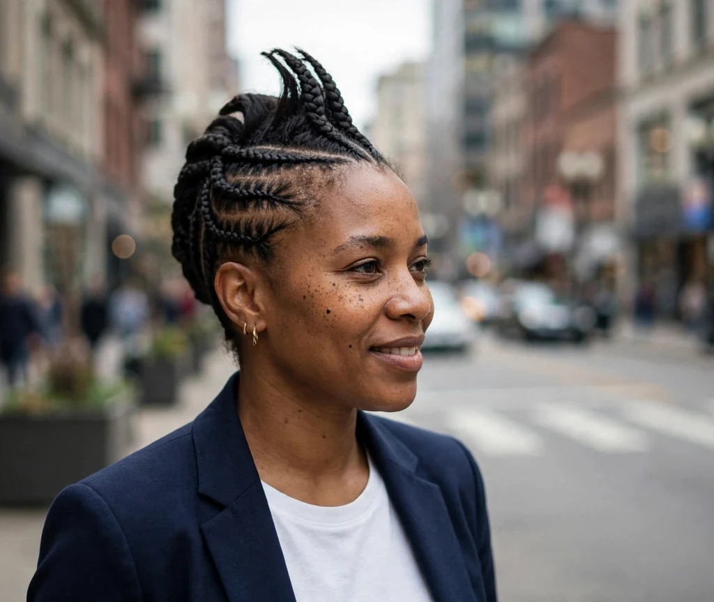 Black woman with a faux hawk cornrow hairstyle