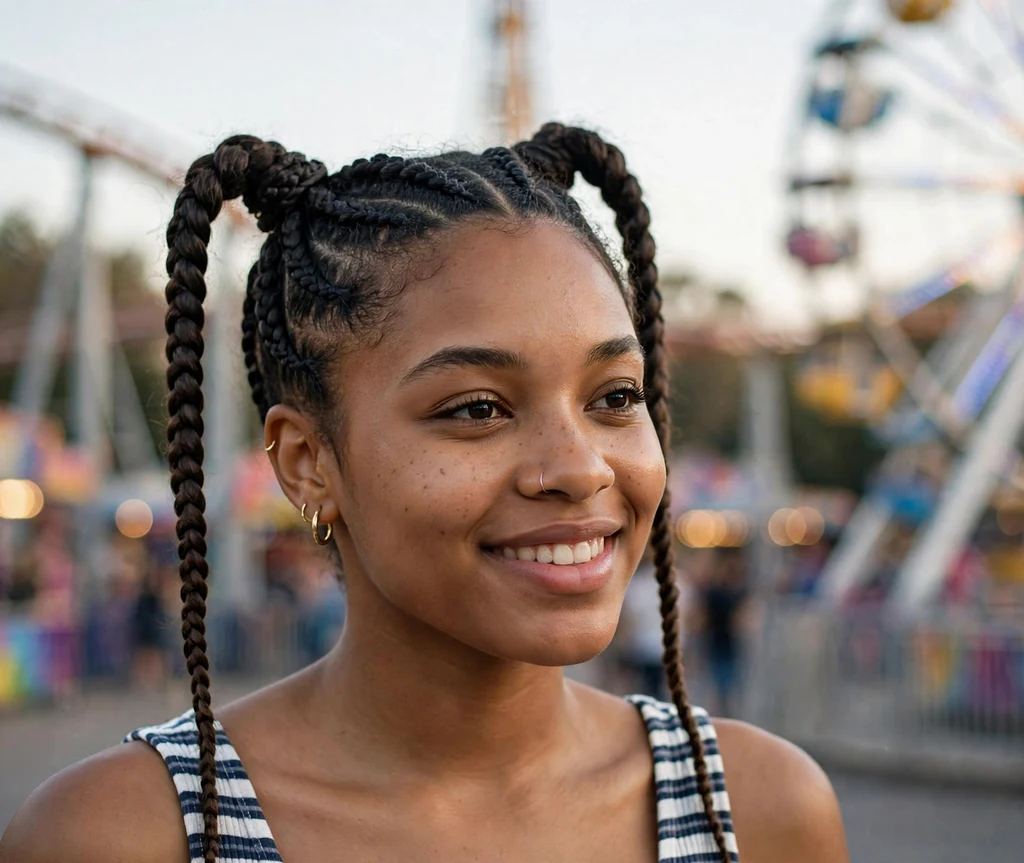 Black woman with playful cornrow pigtails