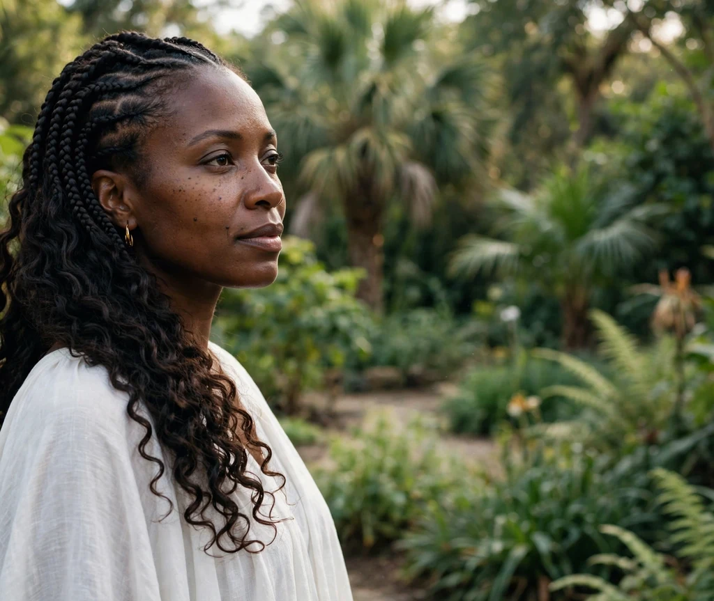 Black woman with goddess cornrow braids and flowing curls