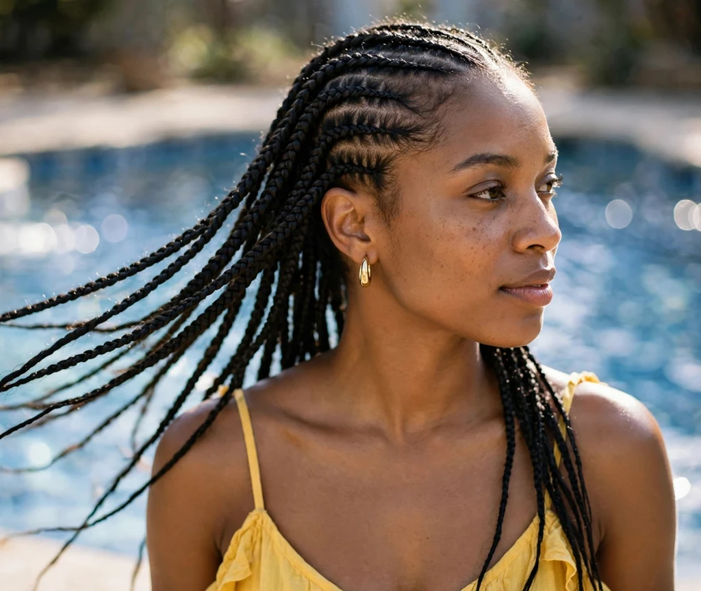 Black woman with lemonade-style side-swept cornrows