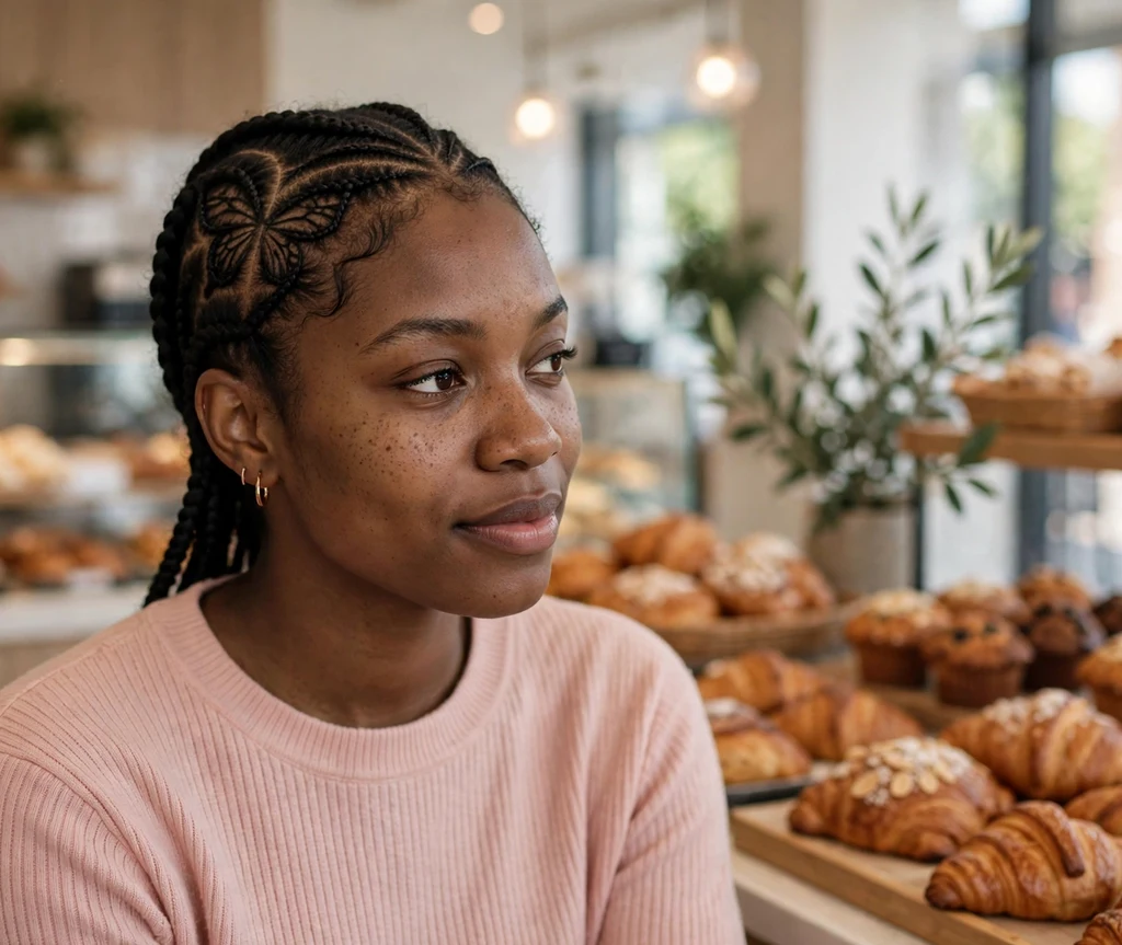 Black woman with butterfly-shaped part cornrows