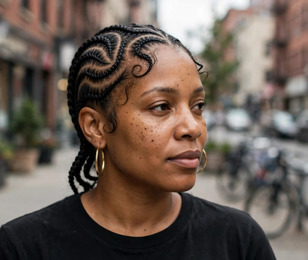 Black woman with creative freestyle cornrow designs