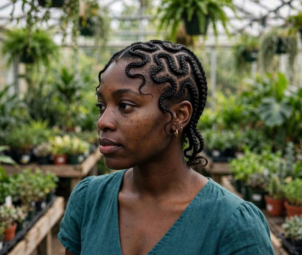 Black woman with snake-like curved cornrow braids