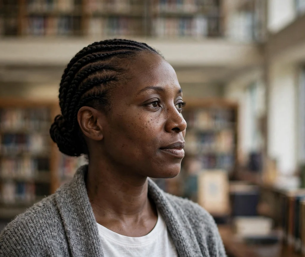 Black woman with cornrows gathered into a low bun