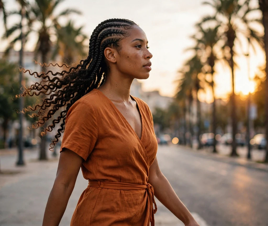Black woman with cornrows ending in spiral curls