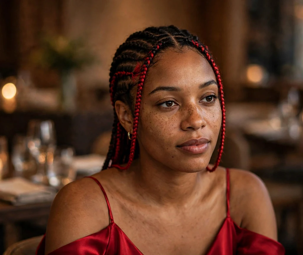 Black woman with red accent cornrow braids
