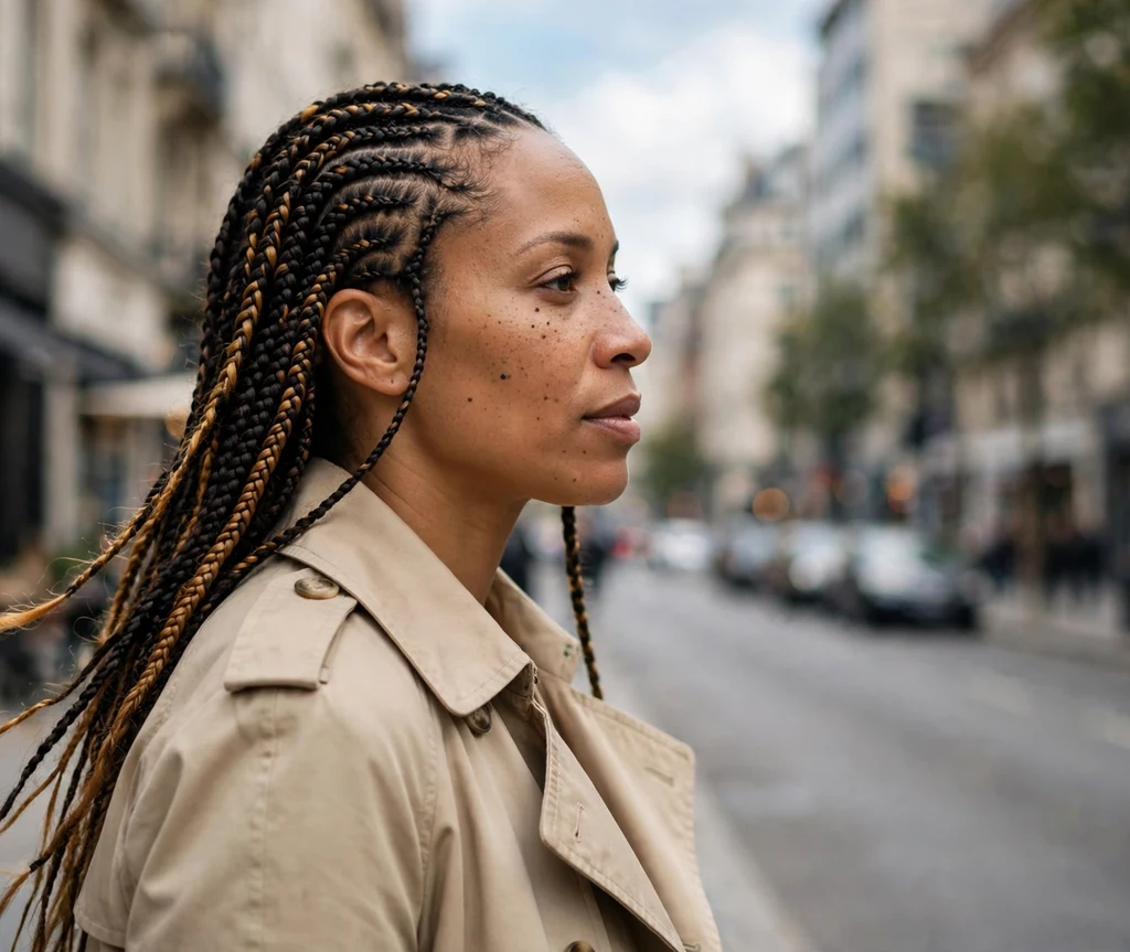 Black woman with highlighted cornrow braids
