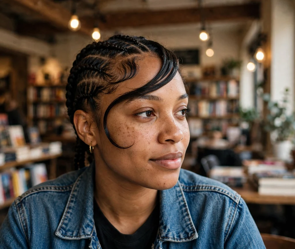 Black woman with cornrows and a swooping bang