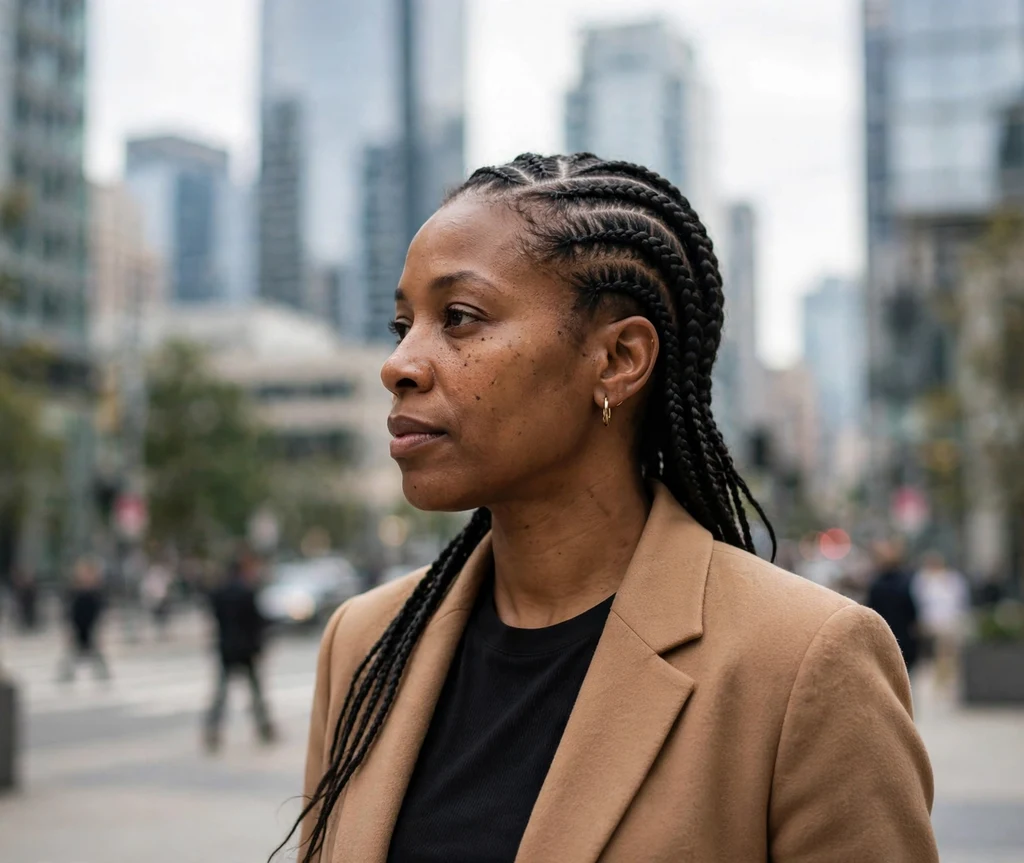 Black woman with side part feed-in cornrows