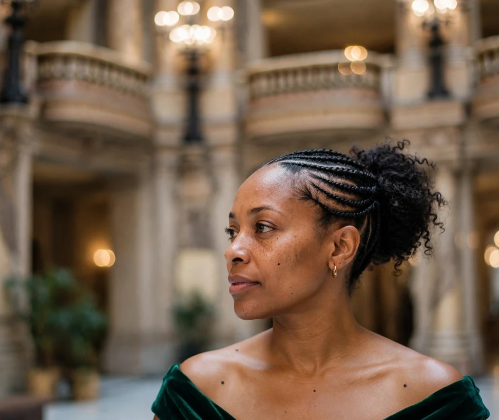 Black woman with side cornrow braids gathered into a bun