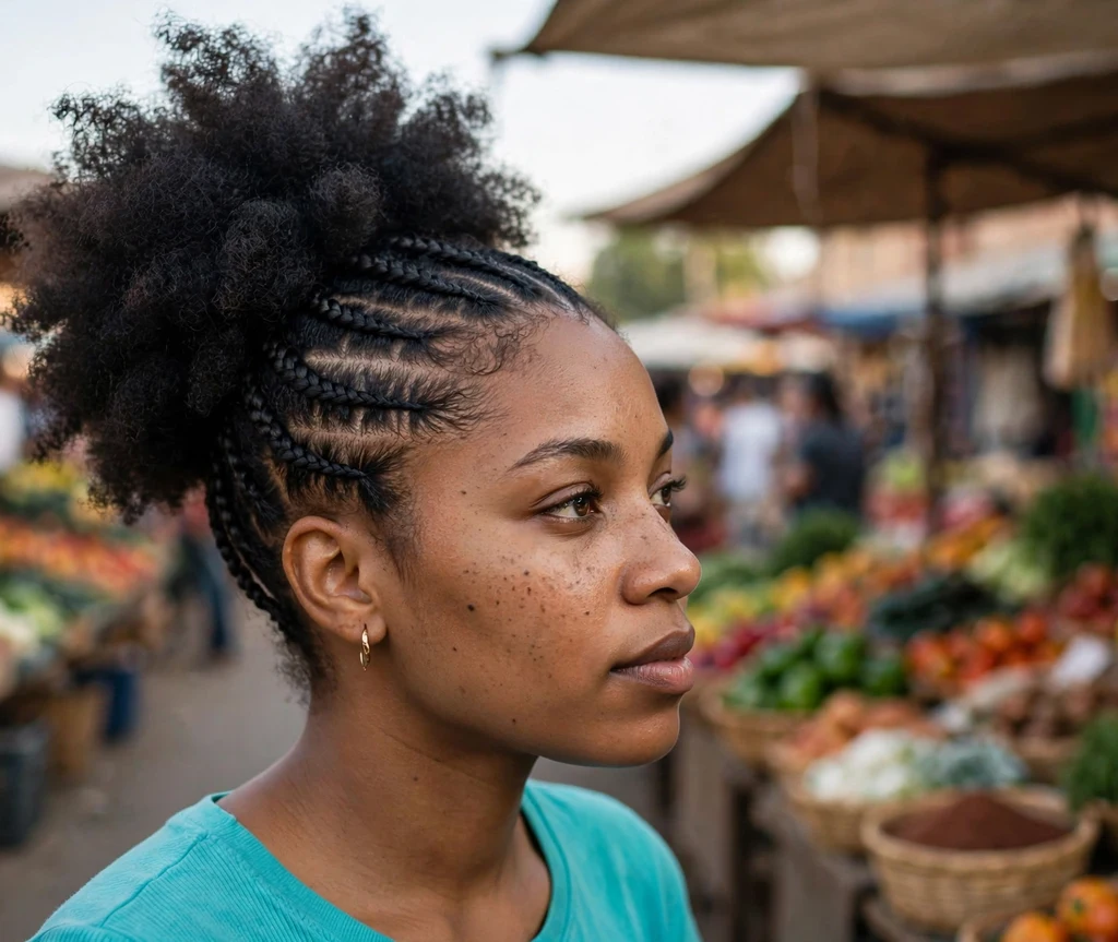 Black woman with cornrows leading into a high puff