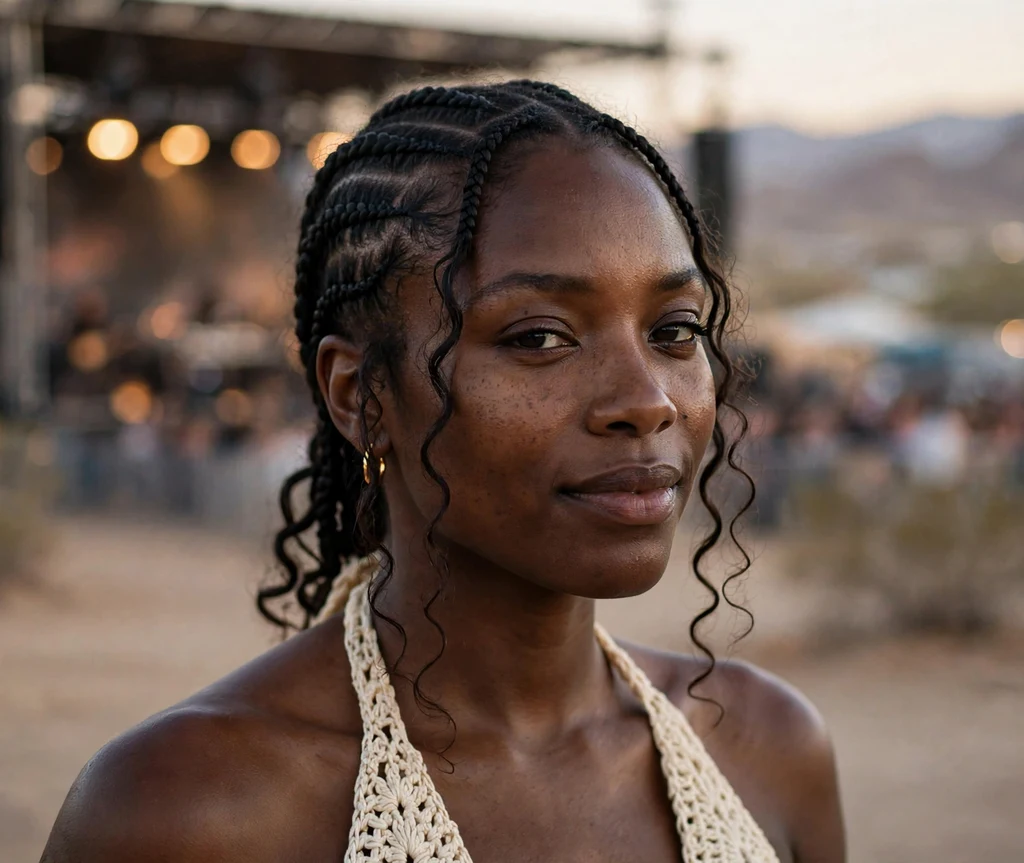 Black woman with bohemian feed-in cornrows and loose curls