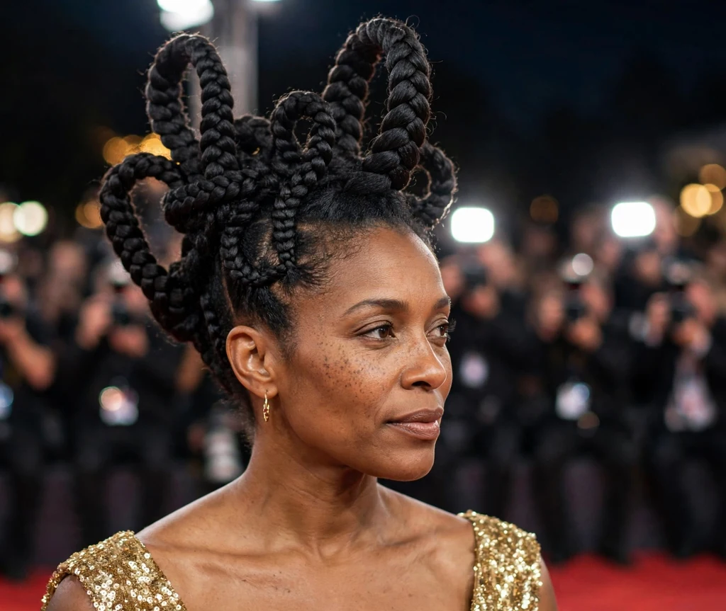Black woman with a dramatic statement cornrow updo