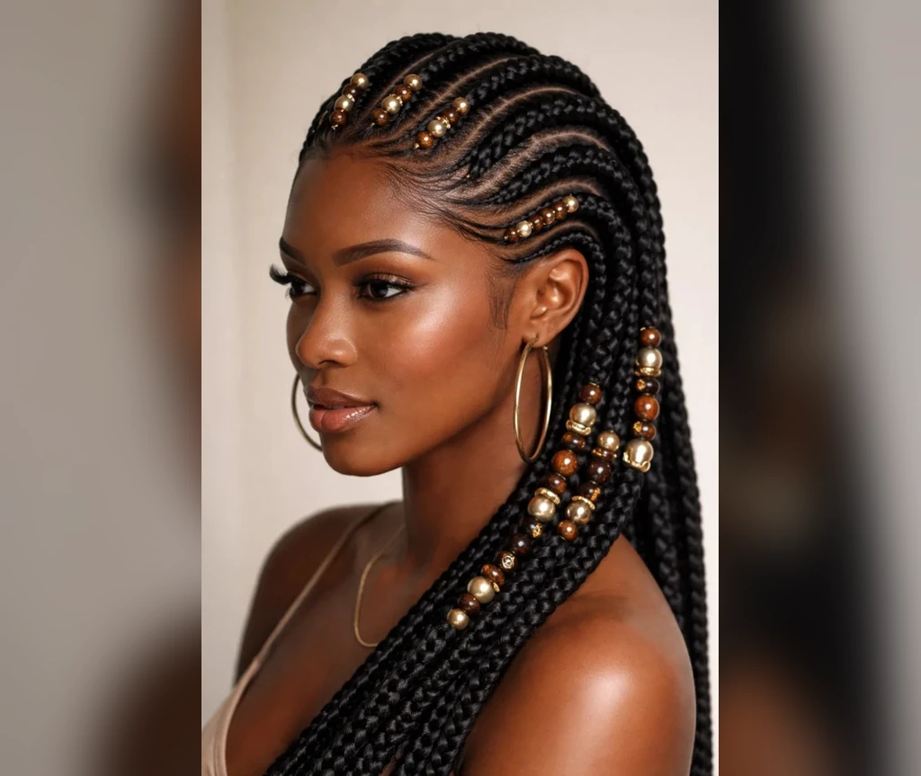 Cornrows with gold cuffs and beads woven through the braids