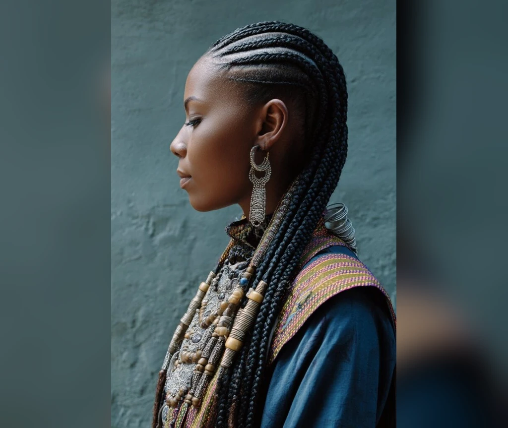 Tribal cornrows with intricate patterns and statement jewellery