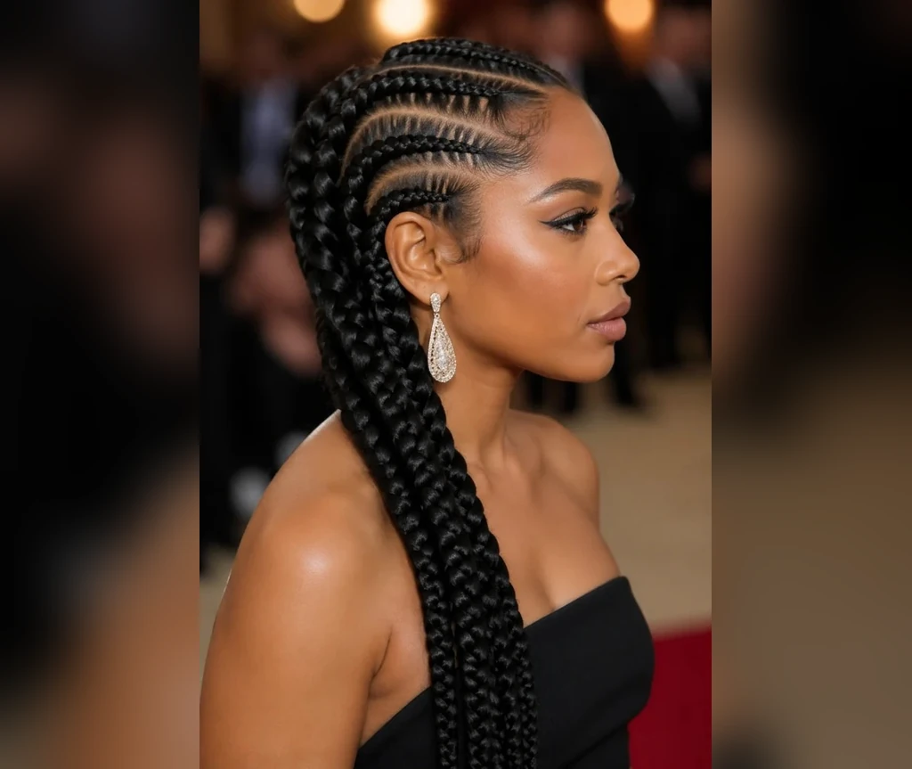 Cornrows into jumbo twists with thick twisted lengths