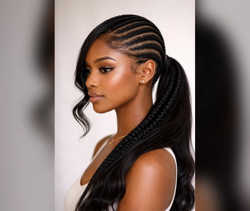 Cornrows with a curly ponytail and loose wavy lengths