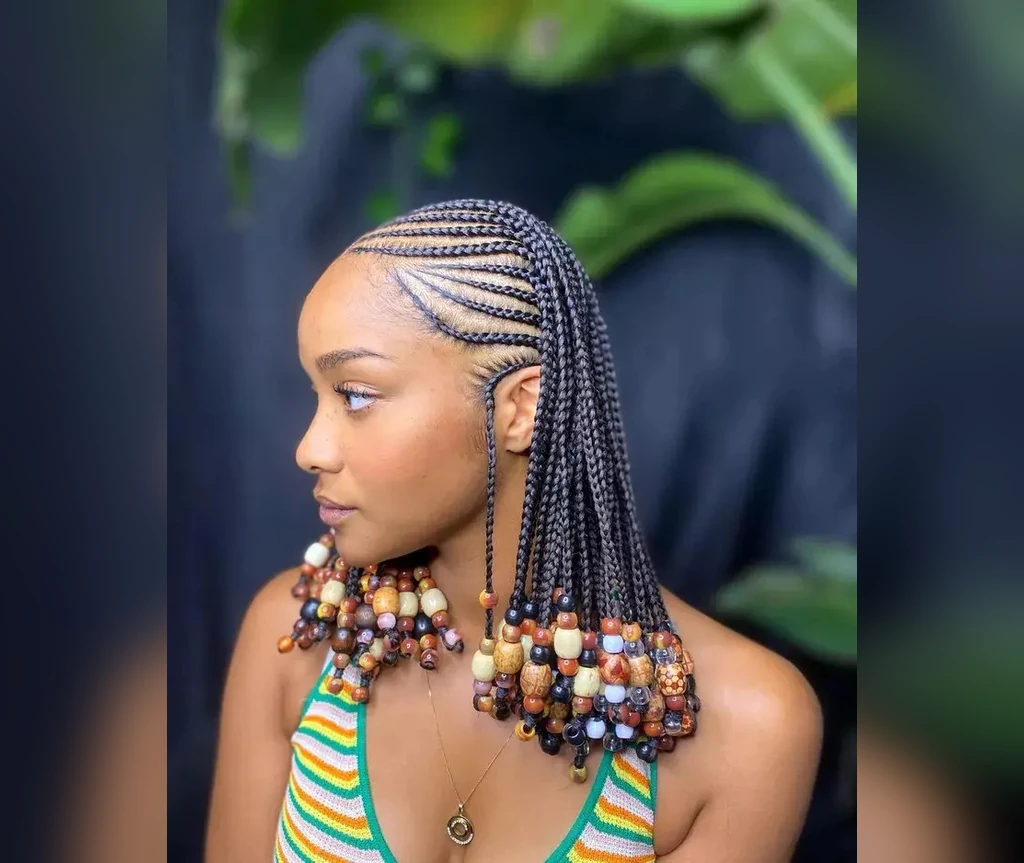 Cornrows with chunky beads on short braided lengths