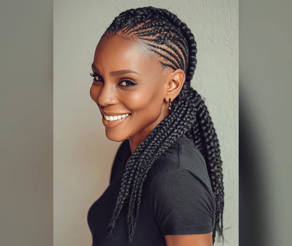 Cornrows into a low ponytail on a smiling woman