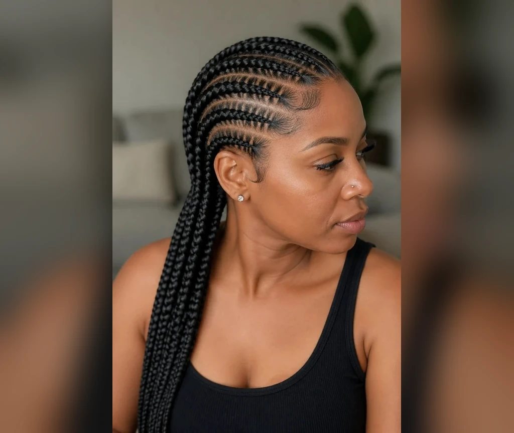 Elegant cornrows on a mature woman with a graceful side profile