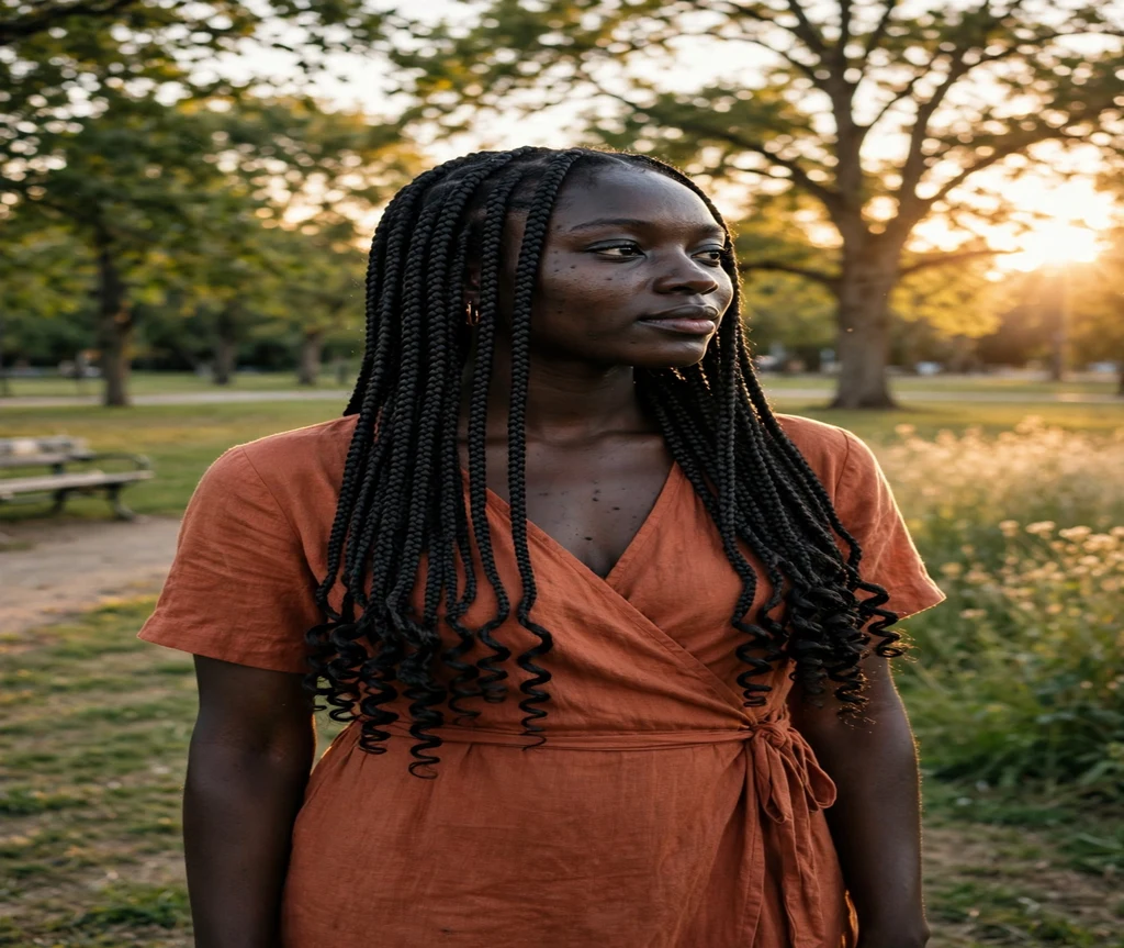 Black woman with long crochet box braids with curled ends in a sunny park