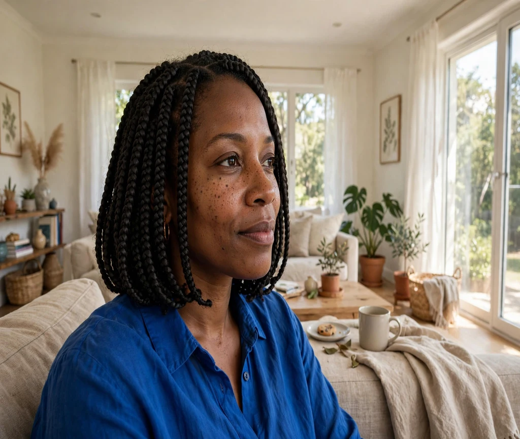 Black woman with a shoulder-length crochet box braid bob in a living room